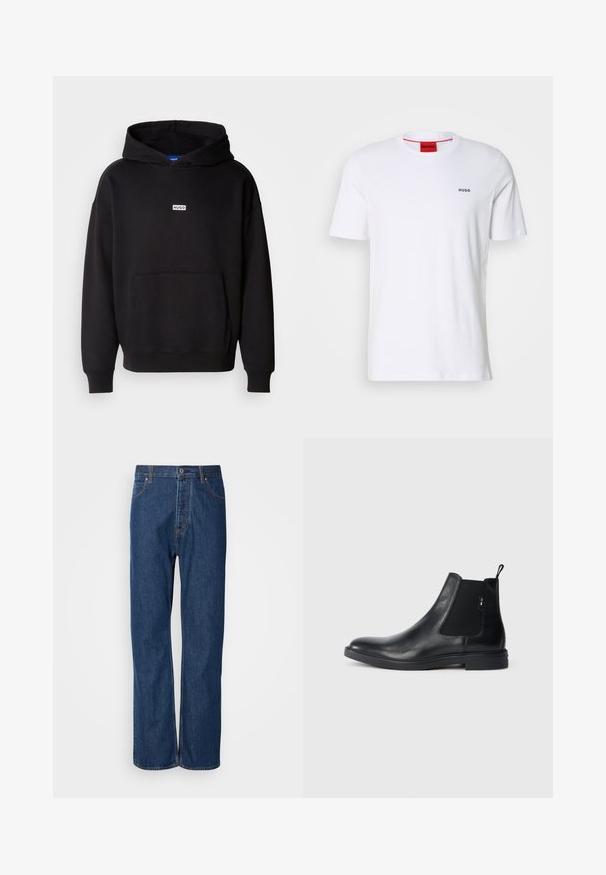Sort hættetrøje lavet af blødt materiale, med en front kangaroo lomme og et lille hvidt "HUGO" logo på brystet.; Hvid bomulds t-shirt med korte ærmer, en rund udskæring og lille sort "HUGO" logo på venstre bryst. Har rød indvendig halslabel.; Blå denim jeans med lige ben, der har en knaplukning, fem lommer og kontraststikninger langs sømmene.; Sorte læder Chelsea støvler med elastiske sidepaneler, en pull-tab og en flad gummisål. Glat tekstur med minimal detaljer.