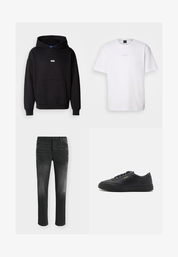 Zwarte hoodie van zachte stof, met een voorkant kangaroo zak en een klein wit "HUGO" logo op de borst.; Witte katoenen T-shirt met korte mouwen, ronde halslijn en reliëf 'BOSS' logo op de borst. Veilig textuur, standaard pasvorm.; Zwarte skinny-fit jeans met vervaagde details, vijfzakkenstijl en knoopsluiting in de taille.; Zwarte leren sneakers met een gladde textuur, ronde neus, platte rubberen zool en tonale veters. Kenmerkt zich door de gouden "BOSS" branding aan de zijkant.