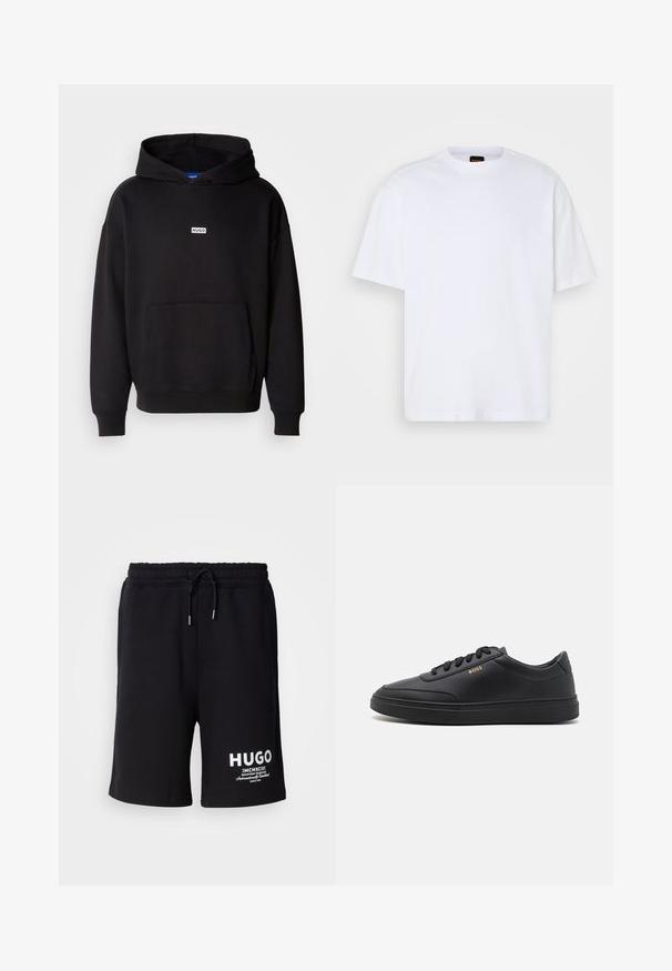 Zwarte hoodie van zachte stof, met een voorkant kangaroo zak en een klein wit "HUGO" logo op de borst.; Witte katoenen T-shirt met ronde hals, korte mouwen en een ontspannen pasvorm. Heeft textuur op de schoudernaden voor extra detail.; Zwarte katoenen shorts met een elastische tailleband en koord. Witte "HUGO" logo op het linkerpijp. Eenvoudig ontwerp, knielange snit.; Zwarte leren sneakers met een gladde textuur, ronde neus, platte rubberen zool en tonale veters. Kenmerkt zich door de gouden "BOSS" branding aan de zijkant.