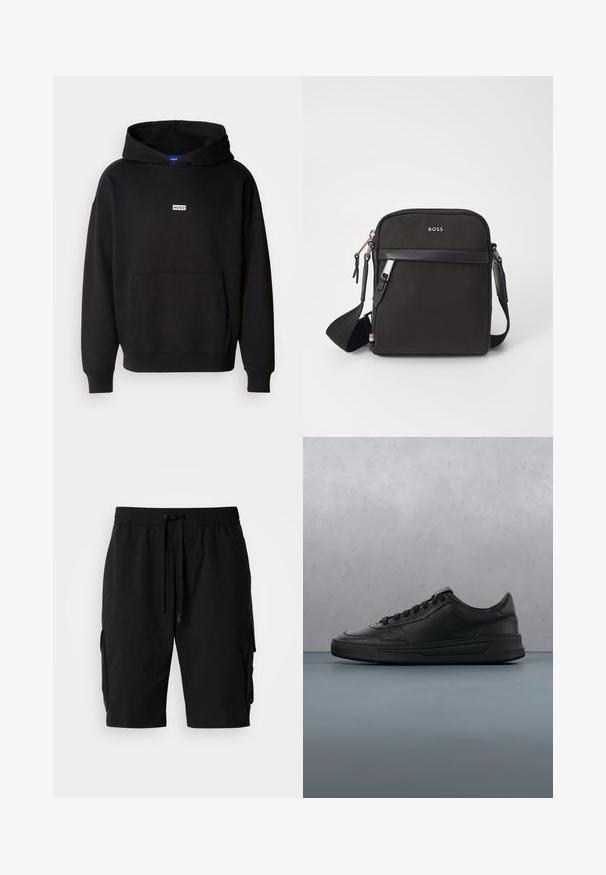 Sort hættetrøje lavet af blødt materiale, med en front kangaroo lomme og et lille hvidt "HUGO" logo på brystet.; Sorte cargo shorts lavet af letvægtsstof, med elastisk talje, snor og sidelommer til ekstra opbevaring.; Sort sneakers med glat læderoverdel, rund tå, flade snørebånd, polstret krave og minimalistisk design. Gummisål med subtilt mønster.; Sort crossbody taske med et struktureret stof, logo på fronten, lynlås lukning og justerbar rem. Har en glat læderkant.