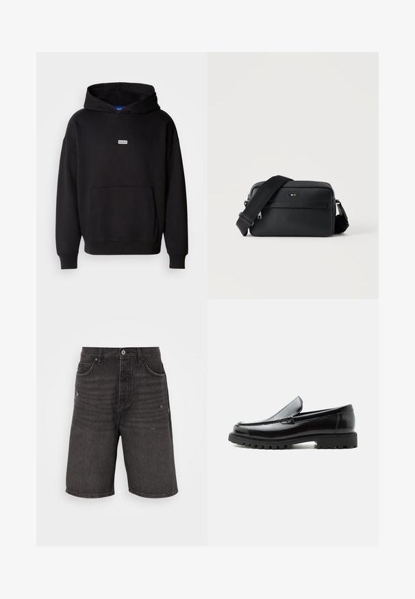 Sort hættetrøje lavet af blødt materiale, med en front kangaroo lomme og et lille hvidt "HUGO" logo på brystet.; Sorte denim shorts med afslappet pasform, der har frontlommer, en slidt tekstur og et klassisk taljebånd med en enkelt knaplukning.; Sort læderloafer med chunky gummisål, syet overdel og præget mærkenavn på hælen, vist i sideprofil på hvid baggrund.; Sort tekstureret læder crossbody taske med front lynlåslomme og justerbar bred stofskulderrem på hvid baggrund.