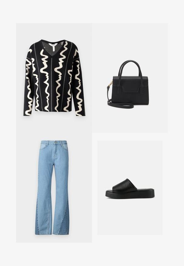Object RAY - Pullover - black; Jean en denim bleu clair évasé, avec une taille haute, des détails de couture latérale et un design classique à cinq poches.; Sandale compensée noire à enfiler avec tige large en cuir et semelle épaisse, vue de profil sur un fond gris uni.; Sac à main structuré noir en cuir avec une poignée supérieure, une bandoulière détachable et un détail à rabat à l'avant. Accents en matériel doré.