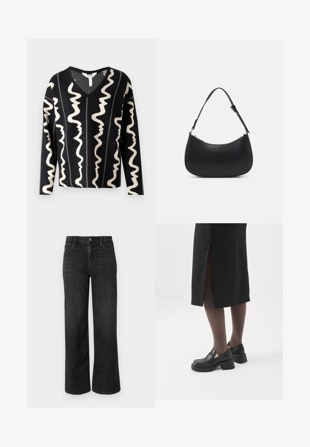 Object RAY - Pullover - black; Jean en denim noir à jambes larges avec une coupe classique, doté d'une fermeture éclair, d'un bouton et d'un design à cinq poches. Dégradé subtil et détails de couture.; Femme portant des mocassins noirs à talons épais, des collants noirs transparents et une jupe noire fendue à l'arrière sur fond blanc.; Pieces PCALUANA SHOULDER BAG - Sac à main - black