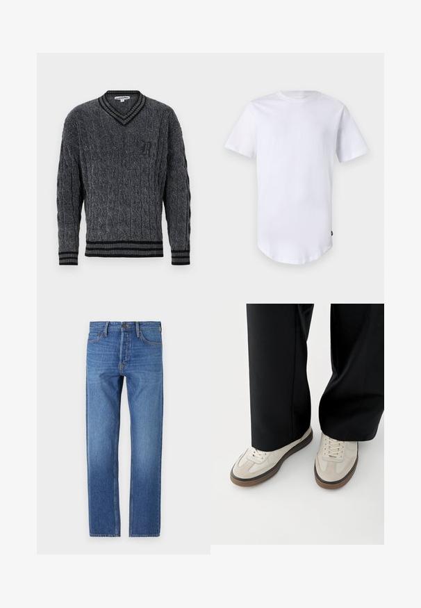Grå strikket sweater med flettemønster. V-hals design, sort ribbede kanter ved krave og nederkant. Har et lille sort logo på brystet.; Hvid kortærmet t-shirt lavet af bomuld. Rund halsudskæring med en buet kant. Etiket synlig på nederste venstre side. Glat tekstur.; Blå denim jeans med lige ben, klassisk fem-lomme design, kobbersting og en falmet vask for et slidte look.; Fødder iført beige sneakers med brune såler og sorte bukser med vide ben på hvid baggrund.