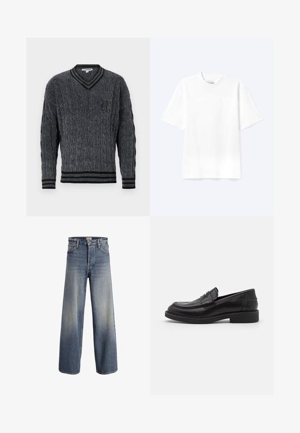 Grå strikket sweater med flettemønster. V-hals design, sort ribbede kanter ved krave og nederkant. Har et lille sort logo på brystet.; Enkel hvid T-shirt med korte ærmer og rund hals med afslappet pasform, vist på en lys baggrund.; Lysblå brede jeans lavet af denim. Har høj talje, knaplukning og subtil falmning med en glat tekstur og syede sømme.; Sorte læder loafers med en rund tå, tonale syninger og en stropdetalje foran. Gummisål med en lav hæl.