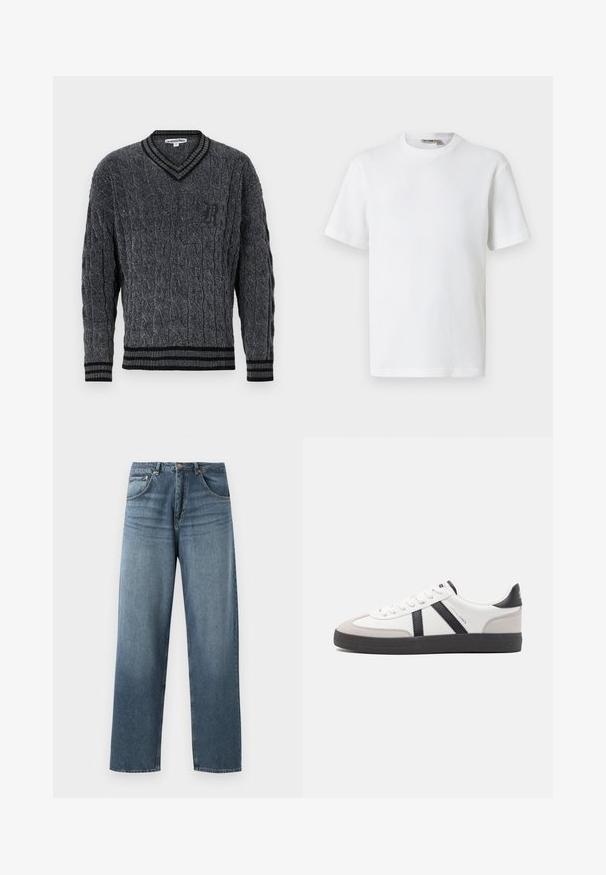 Grå strikket sweater med flettemønster. V-hals design, sort ribbede kanter ved krave og nederkant. Har et lille sort logo på brystet.; Hvid kortærmet t-shirt i vaffelmønster med rund hals og et lille mærke med brandnavn inde i kraven, vist på en ensfarvet baggrund.; Lige ben blå denim jeans med en falmet vask, der har fem lommers design, metallisk knap og bæltestropper. Struktureret, medium vægt stof.; Hvide sneakers med sorte og grå detaljer, med en tekstureret grå tåhætte, sort gummisål og flade hvide snørebånd. Rent design, minimalistisk stil.