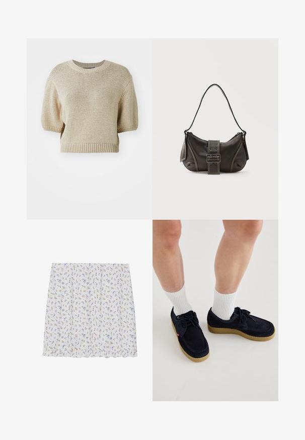 Beige gestrickter Kurzarmpullover mit Rundhalsausschnitt. Verfügt über ein strukturiertes, lockeres Gewebe und gerippte Abschlüsse für eine strukturierte Passform.; Baumwollrock mit floralem Muster auf hellgrauem Hintergrund, der kleine, mehrfarbige Blumen und einen voluminösen Saum zeigt.; Marineblaue Wildlederschuhe mit runder Zehenpartie, Schnürdesign und cremefarbener Gummisohle. Kombiniert mit weißen gerippten Socken.; Schwarze Leder-Schultertasche mit Schnallengurt-Detail, abgerundeten Kanten und kontrastierenden weißen Nähten auf schlichtem Hintergrund.