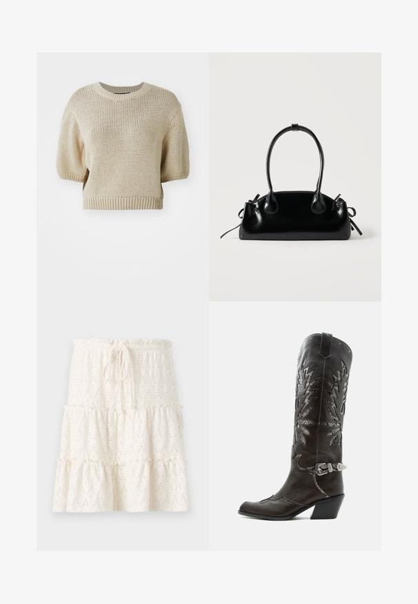 Beige strikket kortærmet sweater med rund hals. Har en struktureret pasform med tekstureret, løst væv og ribbede kanter.; Hvid lagdelt nederdel med øje-mønster, elastisk talje med snor og flæsekant, lavet af letvægtsstof.; Sort læder cowboystøvle med dekorative udskæringer, sølvspænde og skrå hæl, vist på hvid baggrund.; Lille sort blank håndtaske med to lange håndtag og snøre-detaljer i siden på en ensfarvet lys baggrund.