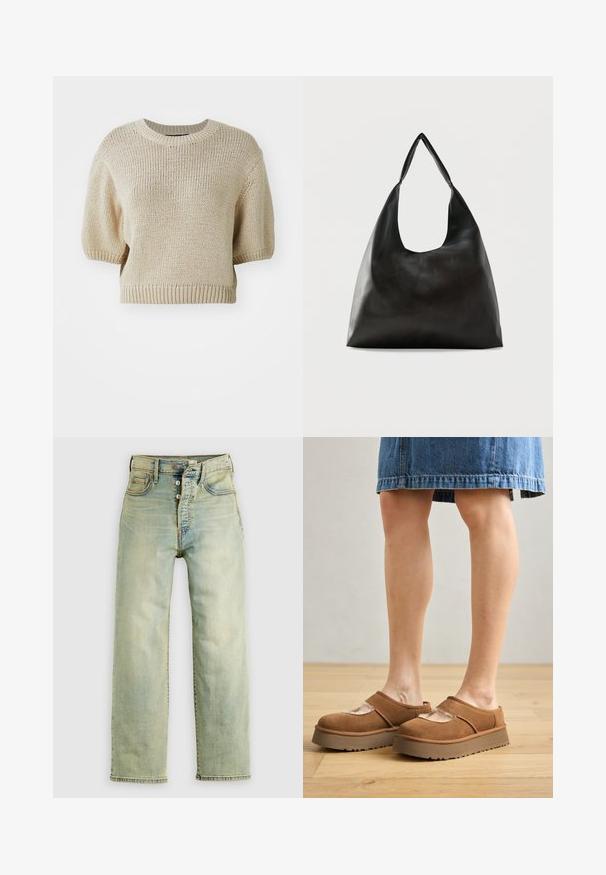Beige strikket kortærmet sweater med rund hals. Har en struktureret pasform med tekstureret, løst væv og ribbede kanter.; Lyseblå denimjeans med lige ben, fem-lomme stil og knaplukning. Blød tekstur og falmet finish.; Brune ruskindsplatformsko med en rund tå, udskæringer og en solid sål, ledsaget af en denimnederdel i en indstilling med trægulv.; Sort skuldertaske i glat læder med en bred, enkelt strop og et afslappet, minimalistisk design mod en ensfarvet baggrund.