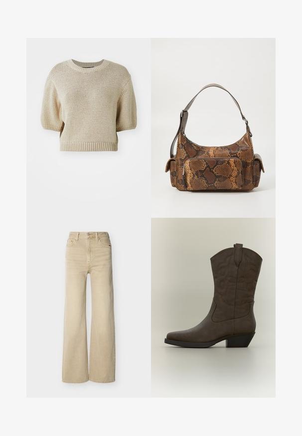 Beige strikket kortærmet sweater med rund hals. Har en struktureret pasform med tekstureret, løst væv og ribbede kanter.; Beige højtaljede vide ben jeans med forreste knap og lynlås, for- og baglommer samt bæltestropper på en hvid baggrund.; Mellemhøj brun læder cowboystøvle med spids snude, dekorativ syning, trækstrop og skråt blokhælk på neutral baggrund.; Brun slangemønster håndtaske med en tekstureret overflade, et buet design, en enkelt skulderrem og en frontlynlås-lomme.