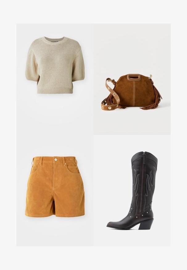 Beige strikket kortærmet sweater med rund hals. Har en struktureret pasform med tekstureret, løst væv og ribbede kanter.; Brune ruskinds højhalsede shorts med frontknap, bæltesløjfer og fem lomme-design på en plain hvid baggrund.; Brune læder cowboystøvler med flammebroderi, sidelukning med lynlås, sølvnitter, spids snude og lagdelt hæl.; Brun ruskindshåndtaske med rund form, frynseaccents og en brun rem med gulddetaljer og perforeret design.