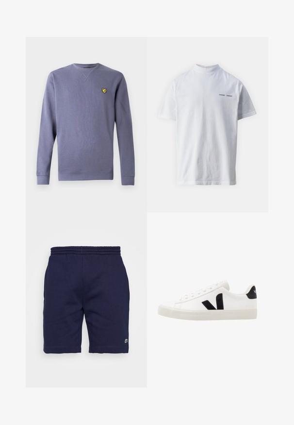 Lilla sweatshirt med rund hals lavet af blødt stof, med ribstrikkede manchetter og kant, og et lille broderet gult logo på brystet.; Hvid bomulds t-shirt med høj halsudskæring og korte ærmer. Har "SAMSØE SAMSØE" logo i sort på forsiden. Glat tekstur.; Marineblå bomuldsshorts med elastisk talje, der har et lille grønt logo på den nederste venstre ben og en glat tekstur.; Hvide lædersneakers med sorte ruskindsdetaljer; har en gummisål, rund tå og klassisk snørebåndsdesign. Side logo i sort.