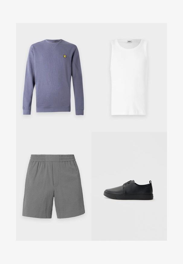 Lilla sweatshirt med rund hals lavet af blødt stof, med ribstrikkede manchetter og kant, og et lille broderet gult logo på brystet.; Hvid bomulds tanktop uden ærmer med rund halsudskæring og en glat tekstur. Enkel design, ingen mønstre eller accenter.; Grå shorts med elastisk talje, struktureret stof og lige snit. Har to sidelommer og et subtilt mønster.; Sorte lædersneakers med en glat finish, rund tå, tonalt syning, snøring foran og en flad gummisål. Løkke ved hælen.