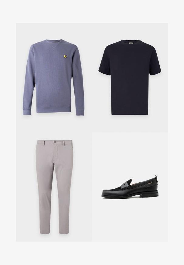 Lilla sweatshirt med rund hals lavet af blødt stof, med ribstrikkede manchetter og kant, og et lille broderet gult logo på brystet.; Marineblå bomulds T-shirt med rund halsudskæring, korte ærmer og afslappet pasform; glat tekstur; ingen synlige mønstre eller hardware.; Grå bomulds chinos med en glat overflade, slim fit, frontknaplukning og sidelommer. Ankellang model med minimal detaljer.; Sort læderloafer med grå remdetalje, lav hæl og tekstureret sål, mærket med "HUGO" i guld på siden.