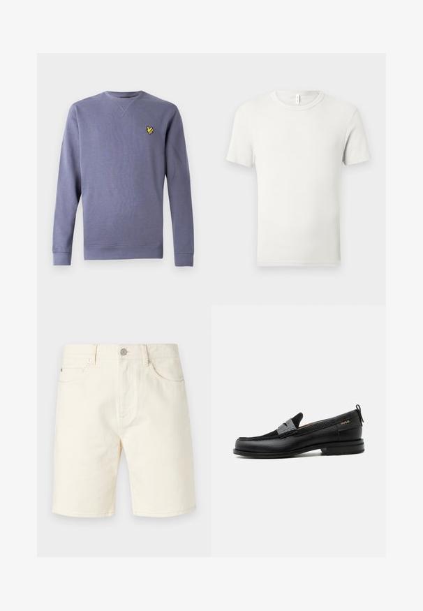 Sweatshirt violet à col rond en tissu doux, avec poignets et ourlet côtelés, et un petit logo jaune brodé sur la poitrine.; T-shirt blanc uni à manches courtes et col rond, étalé à plat sur un fond gris clair, avec une petite étiquette en tissu au niveau du col.; Shorts en denim beige clair avec une coupe classique, dotés de poches avant, de passants de ceinture et d'une fermeture à bouton. Texture lisse avec une couleur unie.; Mocassin en cuir noir avec détail de bride grise, talon bas et semelle texturée, marqué "HUGO" en or sur le côté.