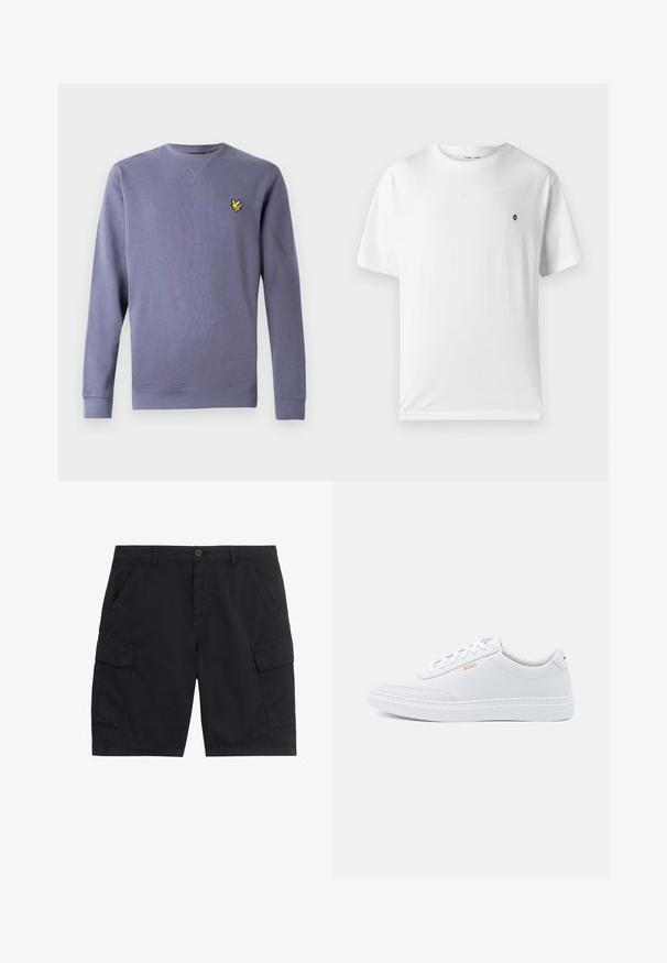 Sweatshirt violet à col rond en tissu doux, avec poignets et ourlet côtelés, et un petit logo jaune brodé sur la poitrine.; T-shirt en coton blanc à col rond, manches courtes, avec un petit logo noir sur la poitrine. Texture douce, coupe décontractée.; Shorts cargo noirs avec bouton et fermeture éclair à l'avant, deux poches latérales, deux poches cargo à rabat et passants pour ceinture.; Baskets blanches en cuir avec une texture lisse, bout rond et coutures tonales. Possède des lacets bleus et un logo doré sur le côté.