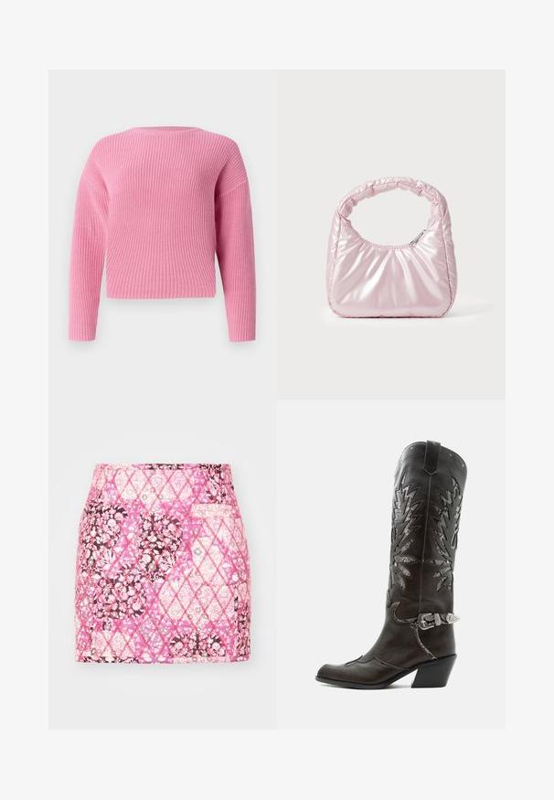 Pull en tricot rose avec un design court, des manches longues et une texture côtelée. Encolure ronde simple sans fermetures visibles.; Jupe matelassée rose avec un motif floral dans diverses nuances, dotée d'une poche sur le côté et de détails de couture en forme de diamant.; Botte de cowboy en cuir noir avec découpes décoratives, boucle argentée et talon incliné, présentée sur fond blanc.; Sac à main rose rembourré avec un design arrondi, fabriqué à partir d'un matériau brillant. Dispose d'une poignée froncée et d'une fermeture éclair pour un accès sécurisé.