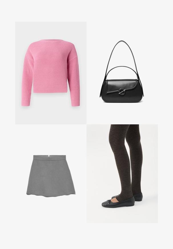 Pull en tricot rose avec un design court, des manches longues et une texture côtelée. Encolure ronde simple sans fermetures visibles.; Jupe grise en tissu doux, dotée d'une taille haute, d'une forme évasée et d'une fermeture éclair dissimulée à l'arrière.; Jambes portant des leggings côtelés foncés associés à des ballerines noires avec de petits détails en nœud sur fond blanc.; Sac à bandoulière en cuir noir avec un rabat incurvé fermé par un fermoir métallique rond et une sangle fine et ajustable.