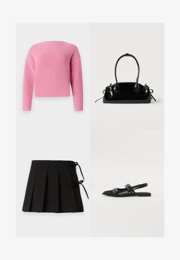 Pull en tricot rose avec un design court, des manches longues et une texture côtelée. Encolure ronde simple sans fermetures visibles.; Jupe plissée noire avec des liens sur les côtés, fabriquée dans un tissu à la texture lisse ; elle présente un design structuré et des lignes épurées.; Even&Odd by Zalando Ballerines à brides arrière - black; Petit sac à main noir brillant avec deux longues anses et des détails à cordon sur les côtés sur un fond clair uni.