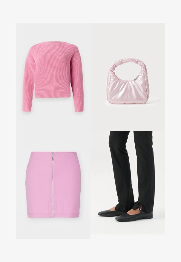 Pull en tricot rose avec un design court, des manches longues et une texture côtelée. Encolure ronde simple sans fermetures visibles.; Mini jupe en denim rose avec fermeture éclair à l'avant, design ajusté et finition nette à l'ourlet. Couleur unie, simple, sans motifs.; Jambes vêtues d’un pantalon slim noir avec des fentes à l’avant de l’ourlet, assorties à des chaussures plates Mary Jane noires avec une petite bride à boucle.; Sac à main rose rembourré avec un design arrondi, fabriqué à partir d'un matériau brillant. Dispose d'une poignée froncée et d'une fermeture éclair pour un accès sécurisé.