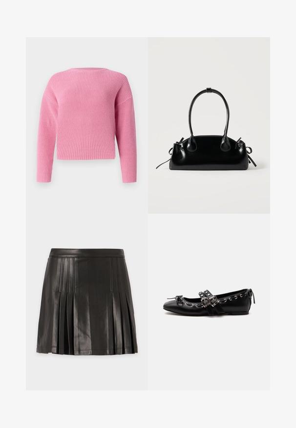 Suéter de punto rosa con un diseño corto, mangas largas y una textura acanalada. Cuello redondo sencillo y sin cierres visibles.; Minifalda plisada de piel sintética negra con detalles de costuras a lo largo de los pliegues y la cintura sobre un fondo liso.; Zapato de ballet plano negro con correas de doble hebilla, ojales plateados y un pequeño lazo cerca de la puntera redondeada sobre un fondo blanco.; Pequeño bolso negro brillante con dos asas largas y detalles de cordón lateral sobre un fondo claro liso.