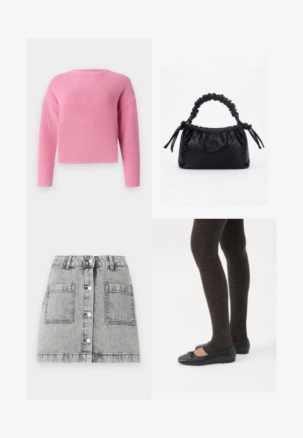 Pull en tricot rose avec un design court, des manches longues et une texture côtelée. Encolure ronde simple sans fermetures visibles.; Jupe en denim gris clair avec une texture délavée, dotée d'une fermeture à boutons, de deux grandes poches avant et d'une coupe droite.; Jambes portant des leggings côtelés foncés associés à des ballerines noires avec de petits détails en nœud sur fond blanc.; Sac à main noir avec texture crocodile, bord supérieur froncé, poignée plissée et pompons à cordon de chaque côté sur fond blanc.