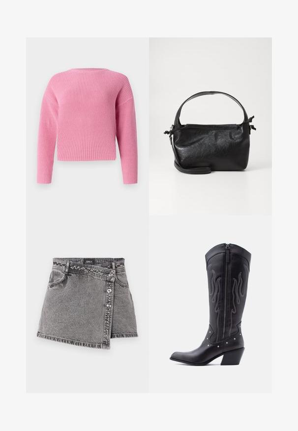 Pull en tricot rose avec un design court, des manches longues et une texture côtelée. Encolure ronde simple sans fermetures visibles.; Jupe mini en denim gris avec une coupe asymétrique, ornée de détails en bouton argenté et d'une poche avant. Texture lisse et design décontracté.; Bottes de cow-boy en cuir noir avec bout pointu, coutures apparentes, ornements à clous argentés et fermeture éclair sur le côté intérieur.; Sac à main en cuir noir au design structuré, avec une poignée arrondie et une bandoulière amovible. Présente une texture lisse et un éclat subtil.