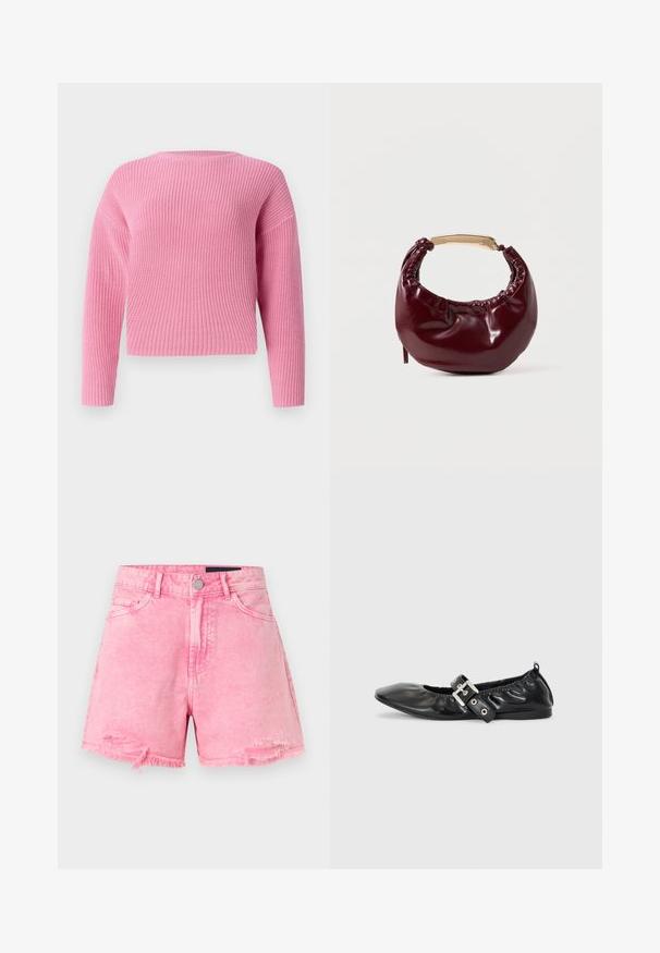 Pull en tricot rose avec un design court, des manches longues et une texture côtelée. Encolure ronde simple sans fermetures visibles.; Short en jean rose taille haute avec ourlets effilochés, fermeture avant par bouton et fermeture éclair, et légers détails usés près des poches.; Chaussure plate en cuir noir avec un nez pointu, des détails froncés autour de l'ouverture et un accent en boucle argentée sur la bride ajustable.; Sac à main en simili cuir bordeaux avec une forme arrondie, des détails froncés et une anse en métal doré. Texture lisse et finition brillante.