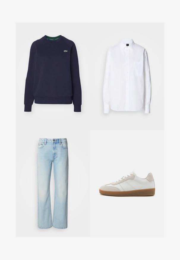 Navyblauwe sweatshirt van katoen, met een ronde hals, geribbelde manchetten en een klein groen Lacoste-logo op de borst.; Wit katoenen overhemd met een klassieke kraag, lange mouwen, een borstzak en een gladde, frisse textuur.; Lichtblauwe wijde jeans van denim, voorzien van een klassiek vijf-pocket ontwerp en een subtiele vervaagde textuur. Denimstiksels zijn zichtbaar.; Witte leren sneakers met beige suède accenten, een gestructureerde tong en een rubberen zool. Voorzien van witte veters en subtiele gestikte details.