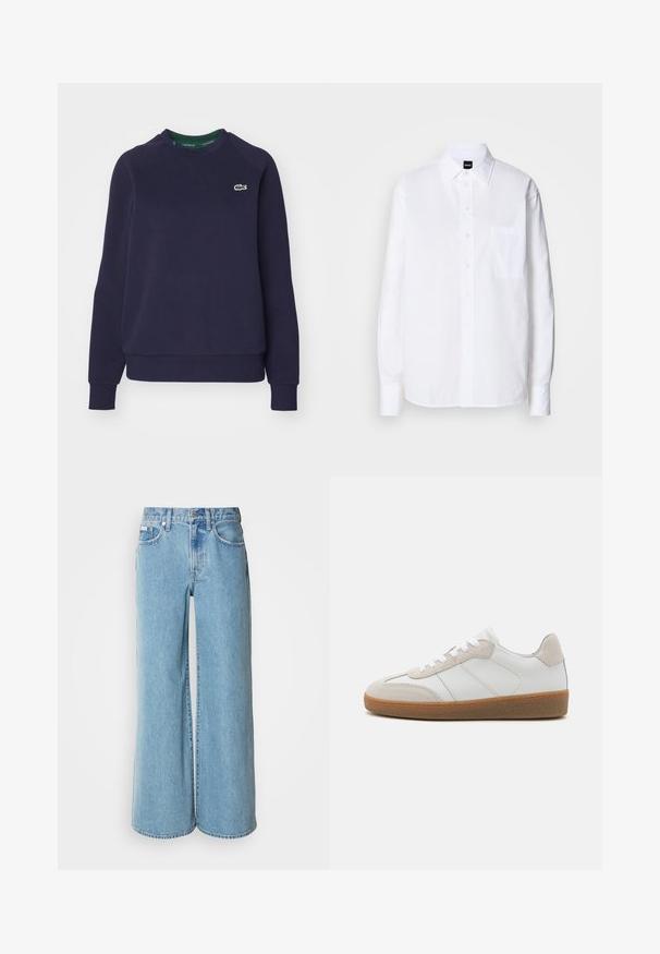 Navyblauwe sweatshirt van katoen, met een ronde hals, geribbelde manchetten en een klein groen Lacoste-logo op de borst.; Wit katoenen overhemd met een klassieke kraag, lange mouwen, een borstzak en een gladde, frisse textuur.; Lichtblauwe wijde jeans van denim, met een hoge taille, vijf pockets en subtiele vervaging langs de stof.; Witte leren sneakers met beige suède accenten, een gestructureerde tong en een rubberen zool. Voorzien van witte veters en subtiele gestikte details.