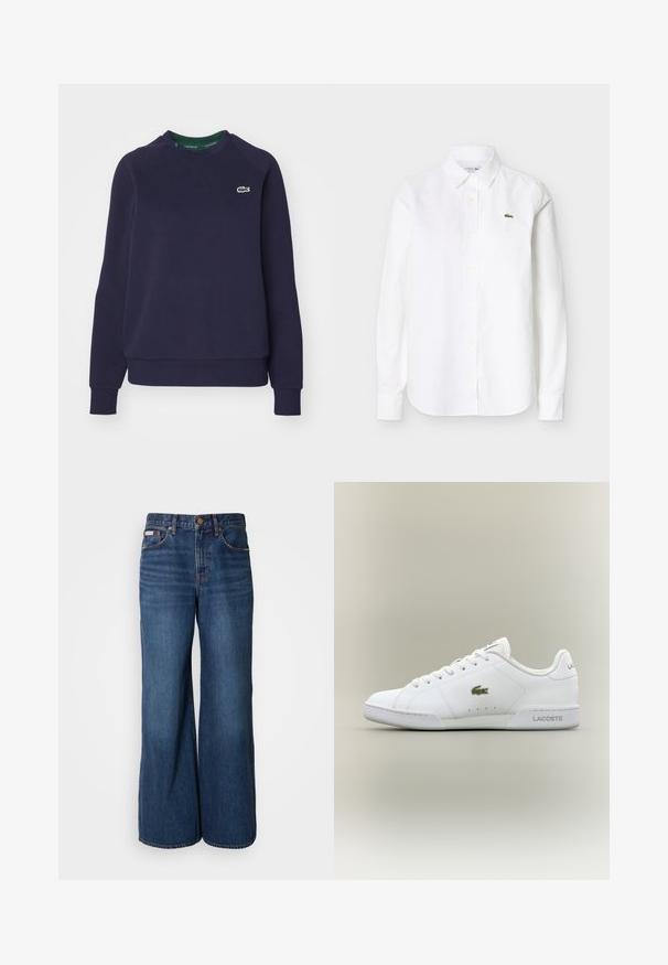 Navyblauwe sweatshirt van katoen, met een ronde hals, geribbelde manchetten en een klein groen Lacoste-logo op de borst.; Wit overhemd met lange mouwen en knopen, voorzien van een kraag en een klein groen krokodillenlogo op de linkerborst.; Wijdvallende jeans van donkerblauwe denim. Kenmerken zijn een hoge taille, vijf zakken en contrasterende oranje stiksels langs de naden.; Witte sportschoenen van synthetisch leer, voorzien van een groen geborduurd krokodillenlogo, vetersluiting en een minimalistische silhouet.