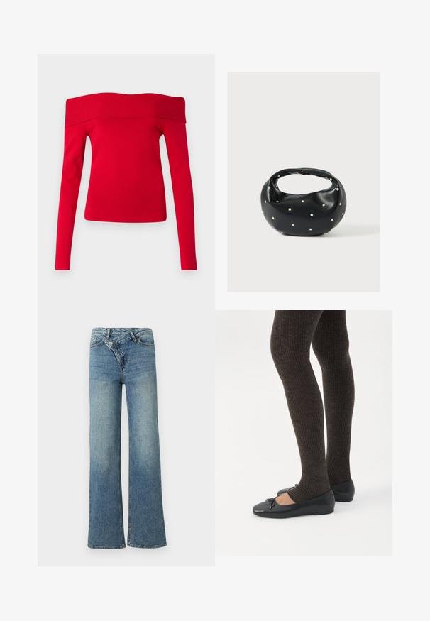 Červený longsleeve top s odhalenými ramenami vyrobený z rebrovanej látky. Obliehaná silueta s širokým golierom a jemnou textúrou.; Svetlomodré široké džínsy z denimu s vysokým pásom, svetlým vyblednutím a zapínaním na gombíky vpredu. Majú päť vreciek a minimálne prešívanie.; Nohy v tmavých pásikavých legínach v kombinácii s čiernymi balerínkami s malými mašličkami na bielom pozadí.; Čierna kožená kabelka s zaobleným tvarom, zdobená striebornými cvočkami a krátkym rúčkou. Hladká textúra a zapínanie na zips.