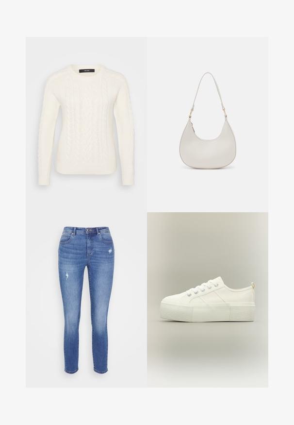 Pull en tricot blanc avec un motif de câble texturé, col rond et poignets et ourlet côtelés. Fabriqué à partir d'un matériau doux et chaud.; Jean skinny en denim bleu, présentant un léger effet déchiré et des zones décolorées, avec un design classique à cinq poches et des passants de ceinture.; Baskets à plateforme blanches avec semelle épaisse texturée, lacets à l'avant et détails discrets de couture sur un fond neutre.; Sac épaule en cuir crème en forme de croissant, avec une fine sangle et des détails de coutures subtils. Design minimaliste avec des accents en métal doré.