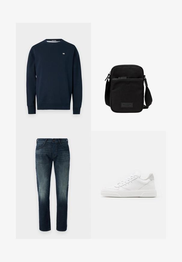 Sweatshirt bleu marine en tissu doux, avec un col rond, des manches longues et un petit patch de marque sur la poitrine. Texture lisse.; Jean en denim droit bleu foncé avec un léger décoloration aux cuisses et aux genoux, fermeture par bouton et zip à l'avant, et style five-pocket.; Des baskets en cuir blanc avec une finition lisse, un bout rond, des lacets plats et une semelle texturée. Accents en daim gris au niveau du talon.; Sac bandoulière en tissu noir avec un compartiment principal zippé, des accents en cuir, une poche avant et une sangle réglable. Logo Marc O'Polo visible.