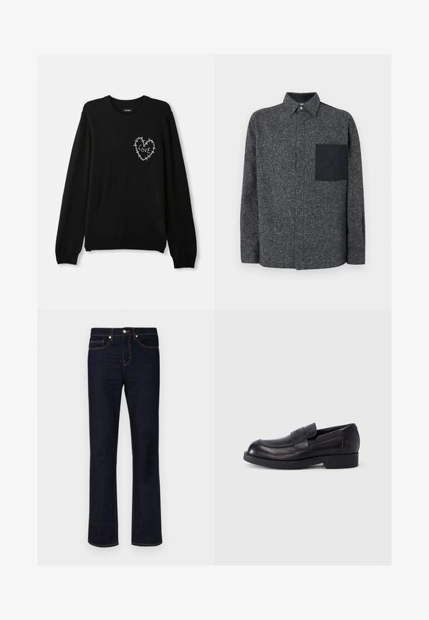 Pull noir avec un col rond, des manches longues, et un motif de cœur brodé blanc accentué de fil de fer barbelé et du mot "AMOUR".; Iceberg Chemise - fantasia mix di grigi; Jean en denim droit bleu marine avec des coutures orange, bouton avant, fermeture éclair et design à cinq poches sur fond blanc.; Mocassin en cuir noir avec petit talon et bride sur le dessus, logo embossé sur la bride, présenté de profil sur fond blanc.
