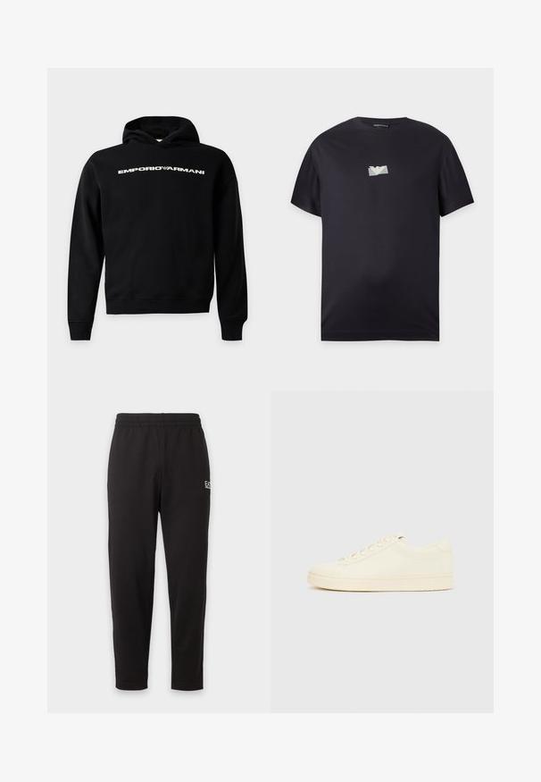 Μαύρο φούτερ Emporio Armani με κουκούλα και μακριά μανίκια, με λευκό λογότυπο στο στήθος σε γκρι φόντο.; Μαύρο κοντομάνικο μπλουζάκι με ένα μικρό ανοιχτό μπλε ορθογώνιο και λευκό λογότυπο αετού στο κέντρο του στήθους.; Μαύρη ελαστική φόρμα με κωνικά μπατζάκια και μικρό λευκό λογότυπο στο άνω αριστερό μηρό.; Αθλητικό παπούτσι εκρού με λείο δερμάτινο πάνω μέρος, στρογγυλεμένη μύτη, κορδόνια στο μπροστινό μέρος και υφασμένο λαστιχένιο πέλμα. Μινιμαλιστικός σχεδιασμός, χωρίς λογότυπα.