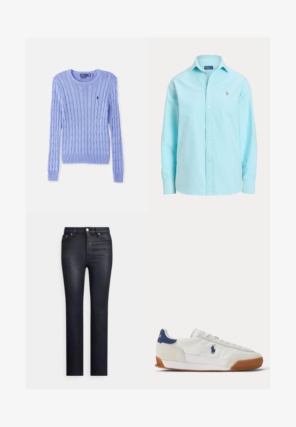 Pull en tricot bleu clair avec motif en relief, poignets et ourlet côtelés. Présente un petit logo sur la poitrine. Encolure ronde classique.; Chemise bleu clair à manches longues avec boutons, col et petit logo brodé sur le côté gauche de la poitrine.; Jean denim bleu marine à coupe slim, avec des garnitures dorées, cinq poches et une texture lisse. Design classique avec jambes droites.; Baskets basses blanches avec semelle beige, détail bleu marine au talon et logo Polo bleu marine brodé sur le côté.