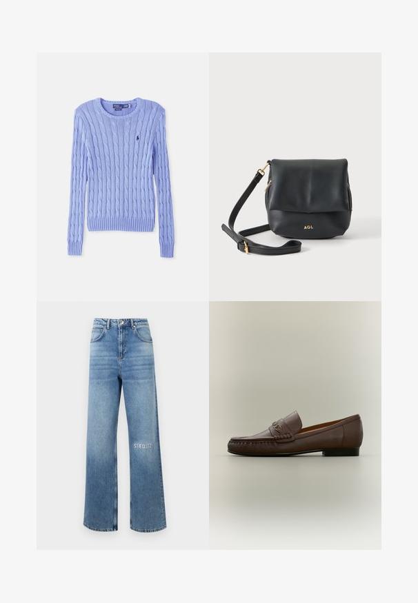 Lysblå strikket sweater med kabelmønster, ribbede ærmer og kant. Har et lille logo på brystet. Klassisk rund halsudskæring.; Lyseblå vide jeans i denimstof med høj talje, femlommerdesign og "STIEGLITZ" broderet på venstre lår.; Brun læderloafer med metalbit-detalje foran og lav sort hæl, vist fra siden på en neutral baggrund.; Sort lædertaske med AGL-logo i guld, justerbar rem og flaplukning på en ensfarvet lys baggrund.
