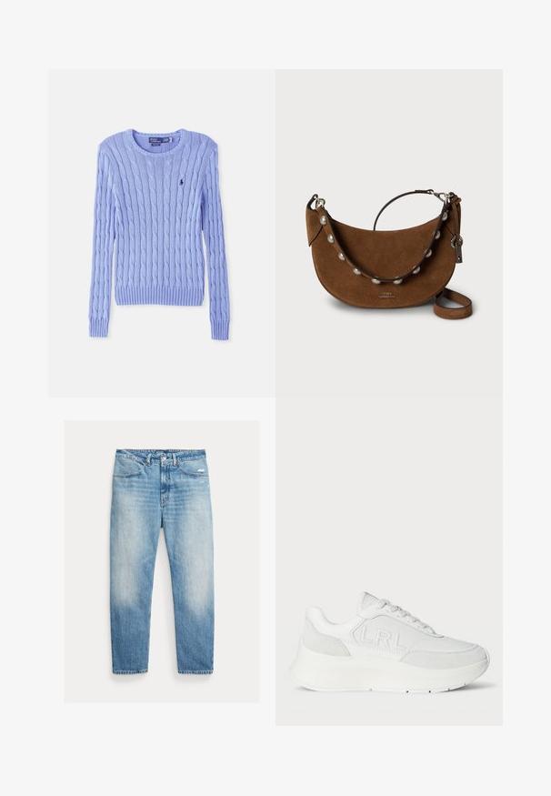 Lysblå strikket sweater med kabelmønster, ribbede ærmer og kant. Har et lille logo på brystet. Klassisk rund halsudskæring.; Lyseblå falmede jeans med lige ben, forlommer, knap- og lynlåslukning samt let slid på højre lår.; Lauren Ralph Lauren FRANKY SNEAKERS LOW TOP LACE - Sneakers - snow white/bianco; Brun ruskindshåndtaske med en buet form, der har en perle-accentsnor og justerbart læderhåndtag. Metalhardware bruges til lukninger.