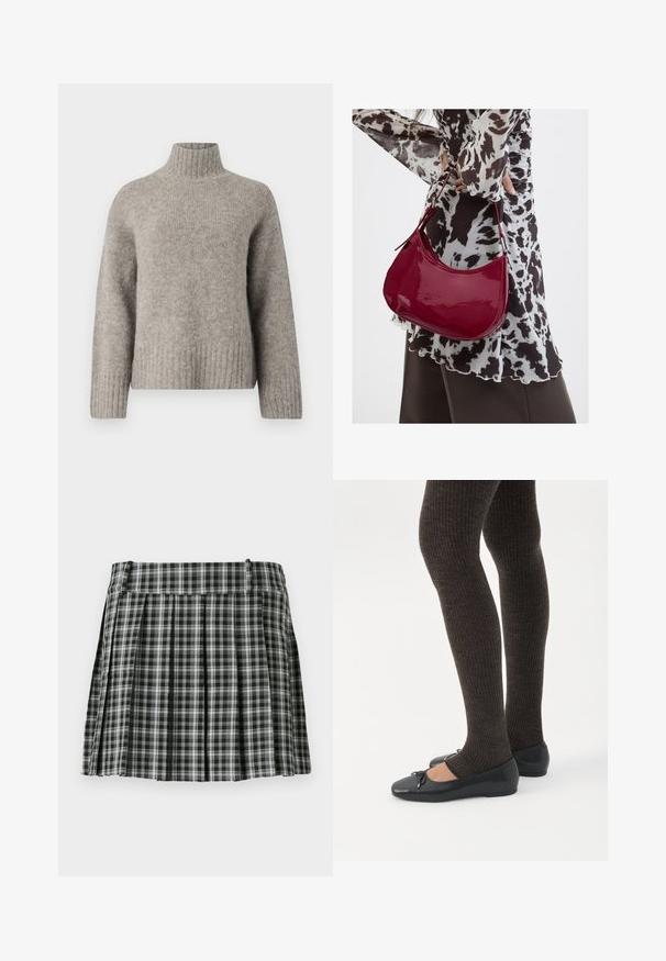 Helehall turtleneck-sviiter, mis on valmistatud pehmest ja tekstureeritud kangast. Omab ribakäiseid ja -ääri, lahedat istuvust ning minimalistlikku disaini.; Mustvalge ruuduline plisseeritud seelik, millel on sile vöökoht ja mitu vertikaalset volti. Valmistatud kergest kangast.; Jalad seljas tumedad soonelises soonelises kombines mustade baleriinadega, millel on väikesed paelade detailid valgel taustal.; Naine, kes kannab must-valget mustriga pluusi ja hoiab läikivat punast õlakotti ühevärvilise tausta ees.