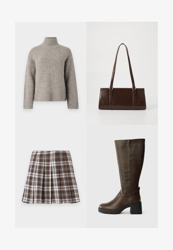 Lys grå turtleneck sweater lavet af blødt, struktureret stof. Har ribbede manchetter og kant, med en afslappet pasform og minimalistisk design.; Brun og hvid ternet plisseret nederdel med en struktureret design og sprød tekstur, der har høj talje og flere lodrette folder.; Brune læder knæhøje støvler med en kraftig sort hæl og struktureret finish. Har en rund tå og diskret sømdetaljering på siden.; Brun lakeret håndtaske med rektangulær form, to lange håndtag og subtile buede detaljer på fronten.