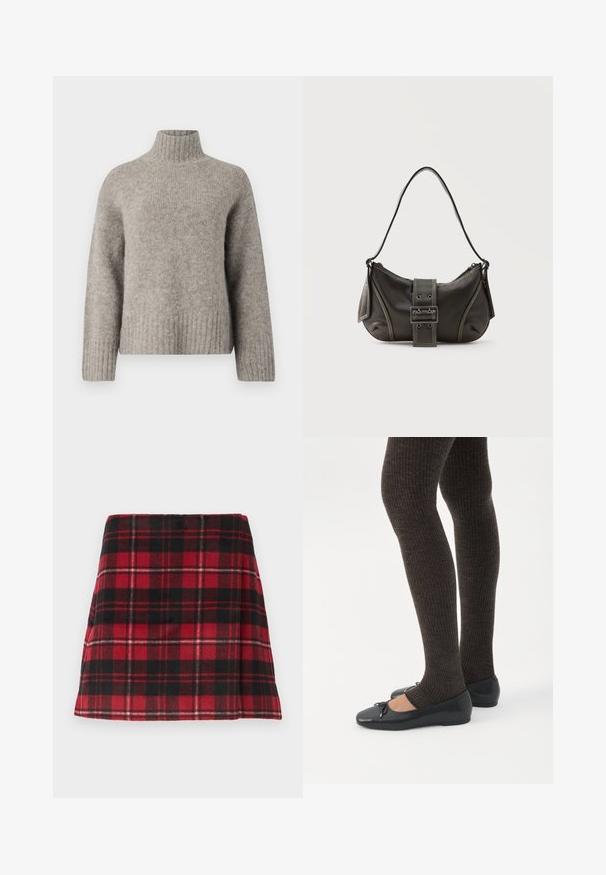 Helehall turtleneck-sviiter, mis on valmistatud pehmest ja tekstureeritud kangast. Omab ribakäiseid ja -ääri, lahedat istuvust ning minimalistlikku disaini.; Punane ja must ruuduline mini seelik, valmistatud pehmest kangast, flairiga kuju, horisontaalsete õmblustega ja puhta servaga.; Jalad seljas tumedad soonelises soonelises kombines mustade baleriinadega, millel on väikesed paelade detailid valgel taustal.; Mustast nahast õlakott pandlanööriga detailiga, kõverate servade ja kontrastse valge õmblusega tavalise tausta peal.