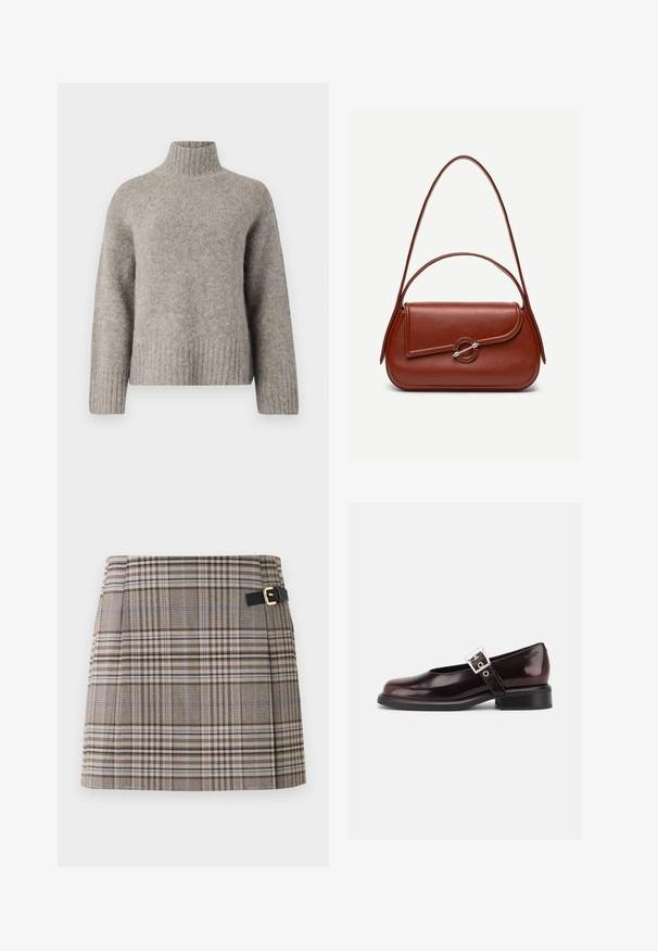 Hellgrauer Rollkragensweater aus weichem, strukturiertem Stoff. Verfügt über gerippte Bündchen und Saum, mit lockerer Passform und minimalistischem Design.; Karierte Minirock in Braun, Beige und Blau mit einer Schnalle an einem schwarzen Gürtel. Strukturierter Stoff mit Falten entlang der Vorderseite.; Ein einzelner glänzender dunkelburgunder Mary Jane Schuh mit breitem Riemen und silberner Schnalle, niedrigem Blockabsatz und abgerundeter Spitze auf weißem Hintergrund.; Braune Leder-Schultertasche mit abgerundeter rechteckiger Form, asymmetrischer Klappe, silbernem runden Verschluss und zwei dünnen Riemen.