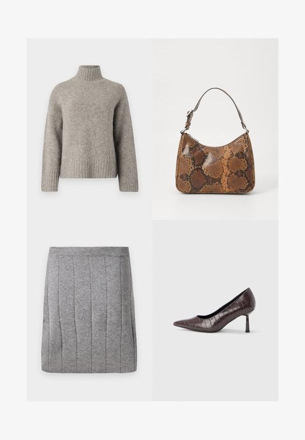 Hellgrauer Rollkragensweater aus weichem, strukturiertem Stoff. Verfügt über gerippte Bündchen und Saum, mit lockerer Passform und minimalistischem Design.; Object OBJTHESS - Minirock - medium grey; Braune Pumps mit spitz zulaufender Spitze aus Kunstleder in Krokodiloptik, mit schlankem, eckigem Absatz und glatter Innenfütterung.; Kleine Handtasche mit braunem und schwarzem Schlangenledermuster, kurzem verstellbarem Tragegurt und Reißverschluss.