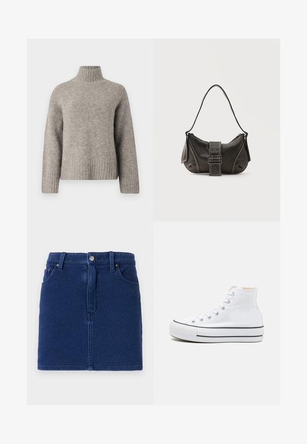 Hellgrauer Rollkragensweater aus weichem, strukturiertem Stoff. Verfügt über gerippte Bündchen und Saum, mit lockerer Passform und minimalistischem Design.; Jeansrock in tiefblau mit figurbetontem Schnitt, Knopfverschluss vorne und zwei seitlichen Taschen. Mit sichtbaren Nähten und geradem Saum.; Weiße High-Top-Sneaker aus einem Material aus Segeltuch, mit schwarzer Gummisohle und kontrastierendem schwarzen Streifen auf der Zwischensohle. Runde Zehenkappe und Schnürdesign.; Schwarze Leder-Schultertasche mit Schnallengurt-Detail, abgerundeten Kanten und kontrastierenden weißen Nähten auf schlichtem Hintergrund.