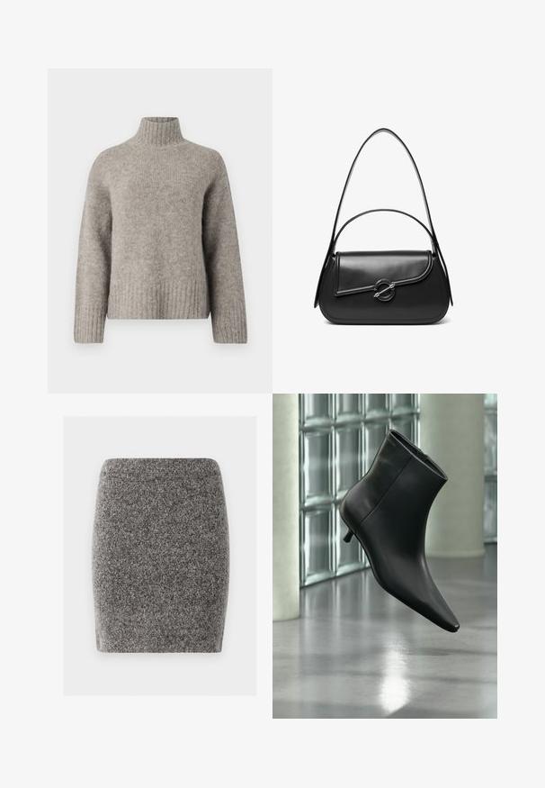 Lys grå turtleneck sweater lavet af blødt, struktureret stof. Har ribbede manchetter og kant, med en afslappet pasform og minimalistisk design.; Grå, tætsiddende mini nederdel lavet af struktureret stof. Glatte sømme uden synlige lukninger. Enkelt, uden pyntedesign.; Sort læderankelstøvle med spids tå og lav kitten-hæ, vist vinklet mod en poleret gulv- og glasblokvæg.; Sort skuldertaske i læder med en buet klap, der er fastgjort med en rund metal spænde, og en slank, justerbar rem.