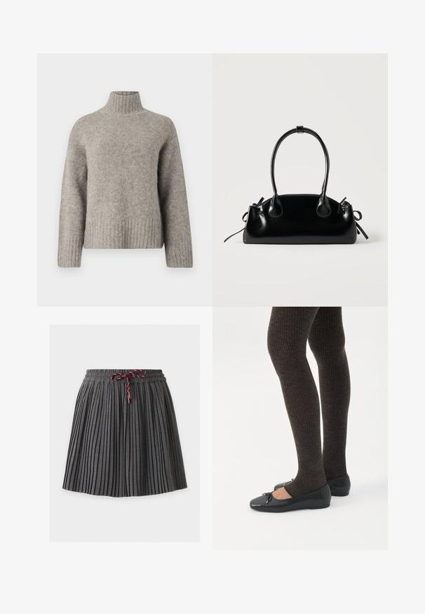 Lys grå turtleneck sweater lavet af blødt, struktureret stof. Har ribbede manchetter og kant, med en afslappet pasform og minimalistisk design.; Mørkegrå plisseret nederdel med elastik i taljen og en bundet vinrød snor foran i midten.; Ben iført mørke ribbede leggings kombineret med sorte balletsko med små sløjfedetaljer på hvid baggrund.; Lille sort blank håndtaske med to lange håndtag og snøre-detaljer i siden på en ensfarvet lys baggrund.