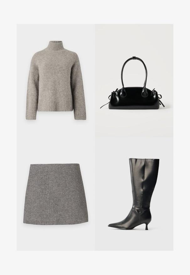 Hellgrauer Rollkragensweater aus weichem, strukturiertem Stoff. Verfügt über gerippte Bündchen und Saum, mit lockerer Passform und minimalistischem Design.; Rock mit Fischgrätenmuster aus grauem Stoff, mit figurbetonter Silhouette, glatter Textur und einem sauberen, geraden Saum.; Schwarzer kniehoher Lederstiefel mit spitzer Zehenpartie und niedrigem Kittenabsatz, präsentiert vor einem schlichten hellen Hintergrund.; Kleine schwarze glänzende Handtasche mit zwei langen Griffen und seitlichen Kordelzug-Details vor einfachem hellem Hintergrund.