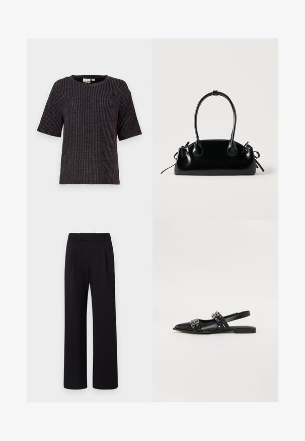 Pull court noir à rayures, à manches courtes, avec un col rond, en tissu texturé et des accents discrets de fils métalliques intégrés.; Pantalons larges noirs en tissu lisse ; dotés d'une taille avec passants de ceinture et de plis à l'avant ; design épuré et ajusté.; Even&Odd by Zalando Ballerines à brides arrière - black; Petit sac à main noir brillant avec deux longues anses et des détails à cordon sur les côtés sur un fond clair uni.