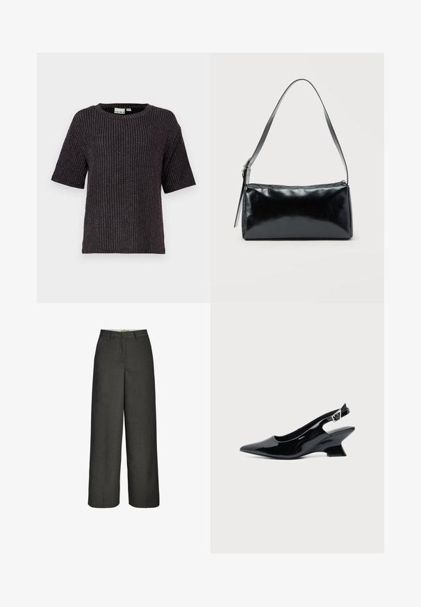 Pull court noir à rayures, à manches courtes, avec un col rond, en tissu texturé et des accents discrets de fils métalliques intégrés.; Pantalon gris foncé à jambes larges avec passants de ceinture et fermeture éclair frontale, présenté sur un fond blanc.; Chaussure slingback en cuir verni noir avec bout pointu et petit talon bloc incliné sur fond clair uni.; Sac d'épaule rectangulaire noir avec une sangle réglable unique et une fermeture éclair supérieure sur un fond uni.